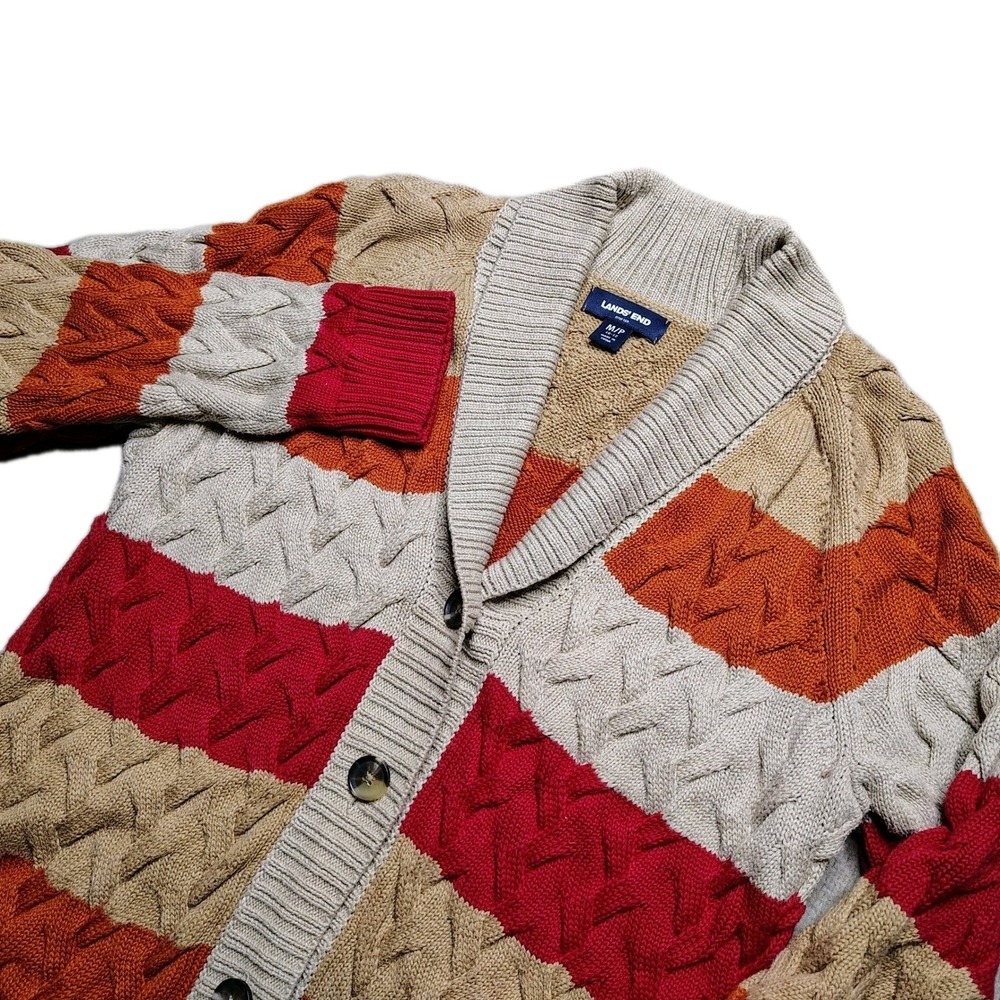 Lands End Drifter Cardigan Women Medium Petite Grandma Cable Knit Chunky Sweater